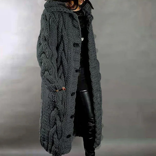Women's Cardigan Sweater Jumper Cable Chunky Knit Hooded Solid Color Open Front