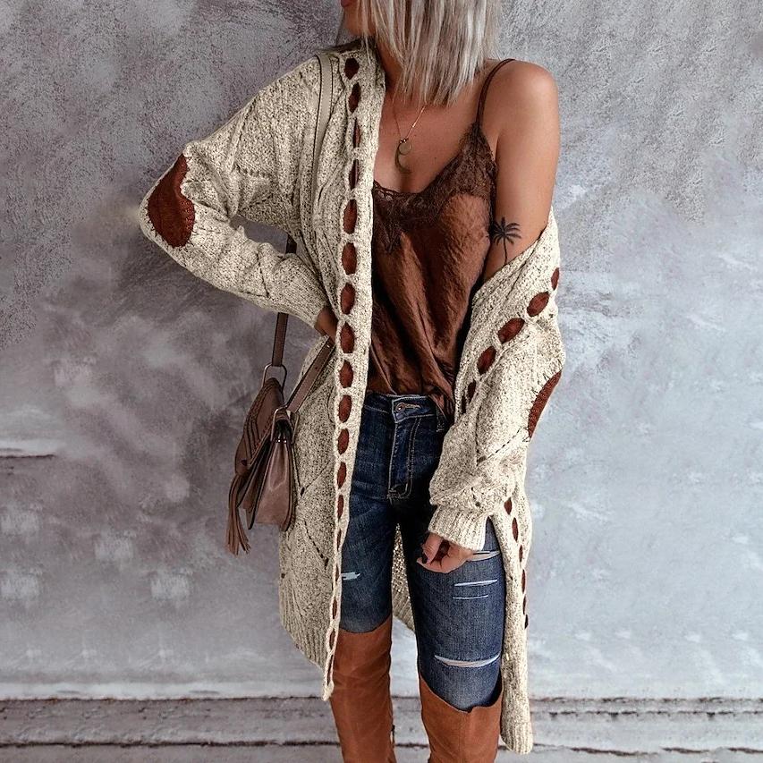 Women's Knitted Color Block Hooded Cardigan Sweater