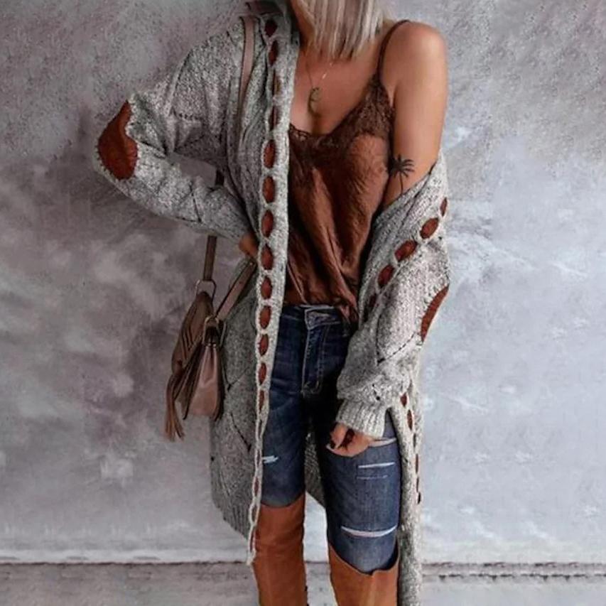 Women's Knitted Color Block Hooded Cardigan Sweater