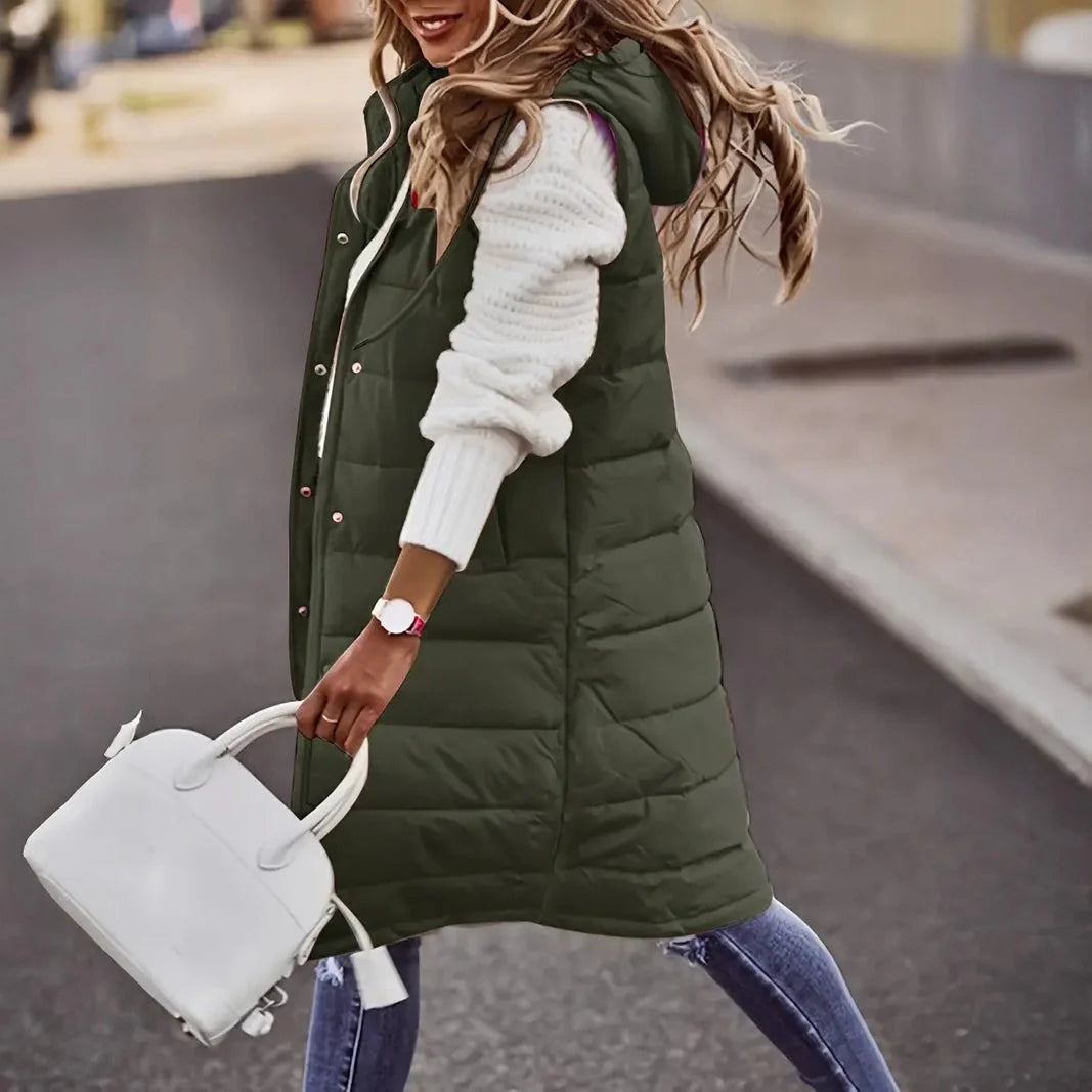 Casual Sleeveless Long Button Front Hooded Coat Outerwear