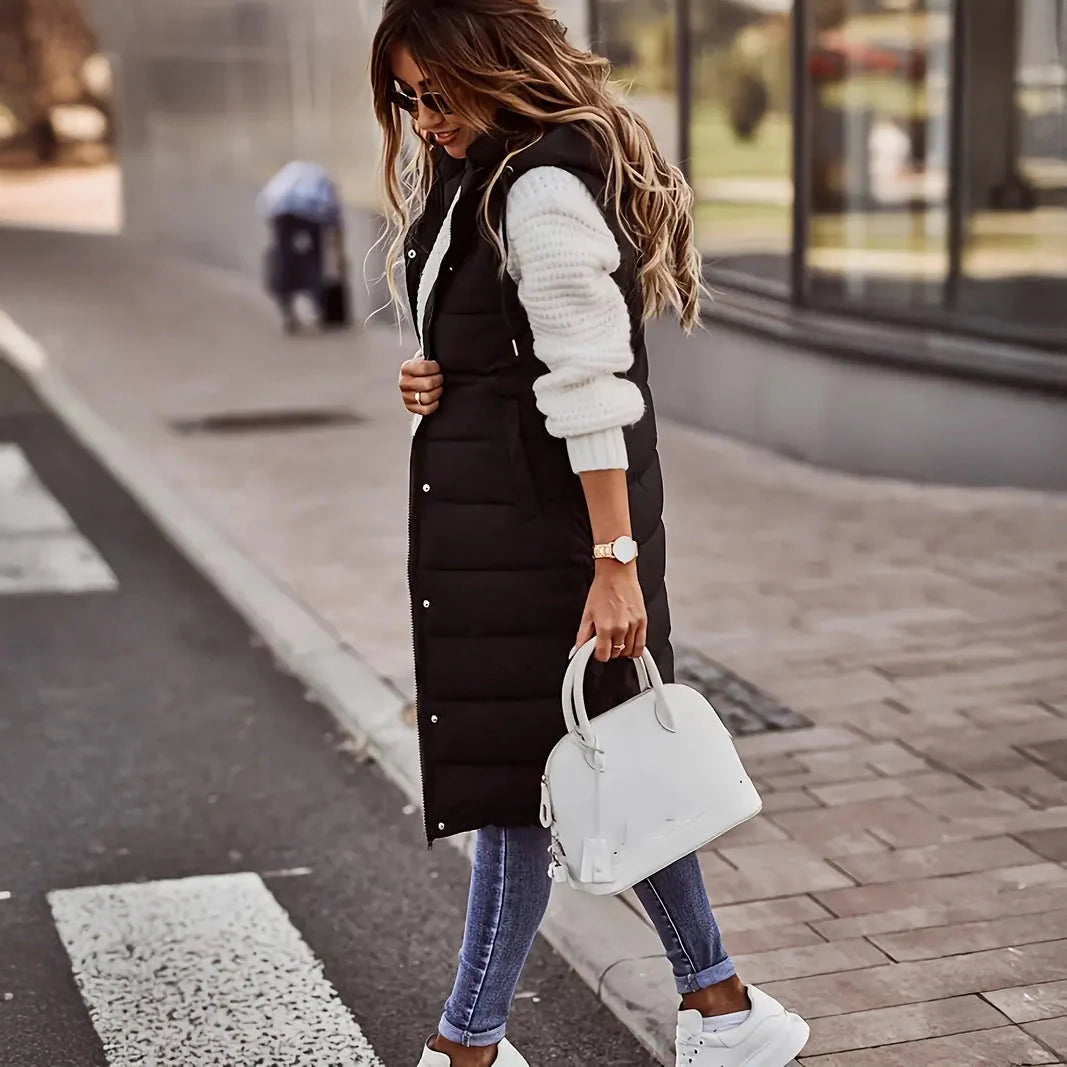 Casual Sleeveless Long Button Front Hooded Coat Outerwear