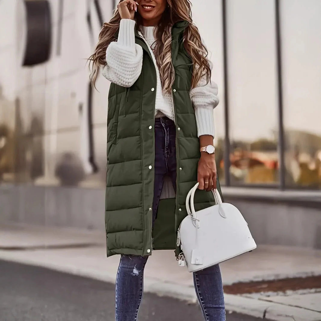 Casual Sleeveless Long Button Front Hooded Coat Outerwear