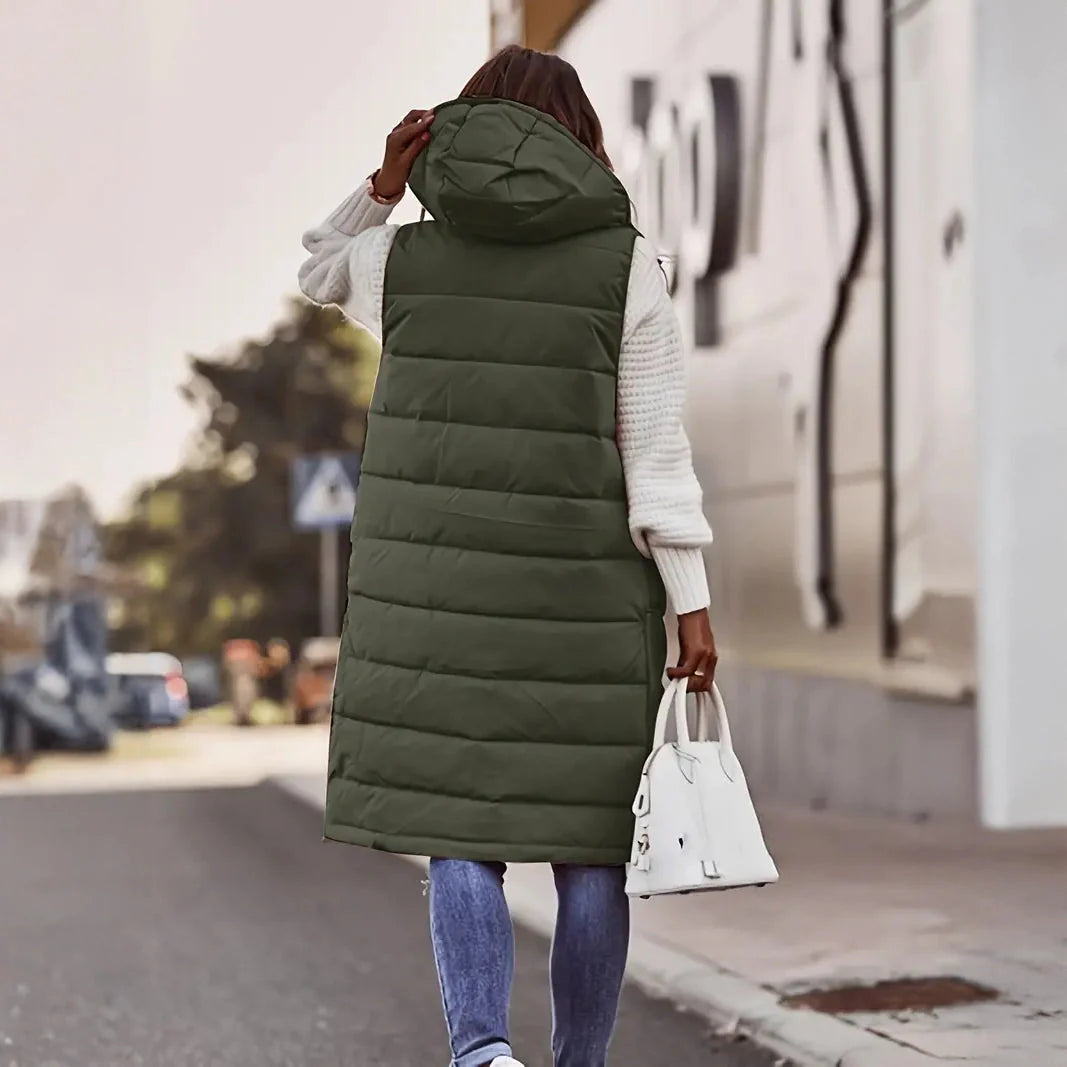 Casual Sleeveless Long Button Front Hooded Coat Outerwear
