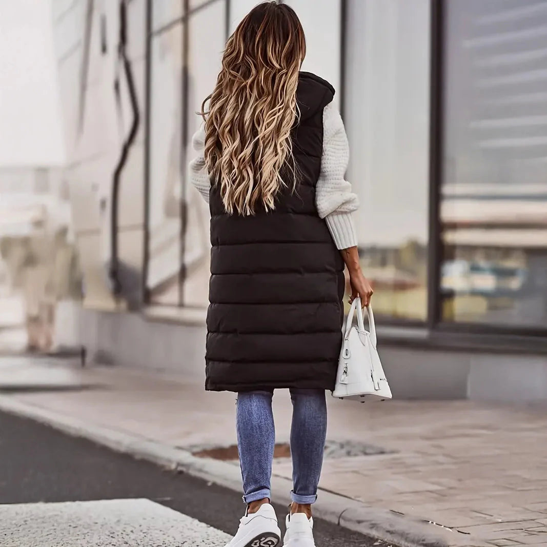 Casual Sleeveless Long Button Front Hooded Coat Outerwear