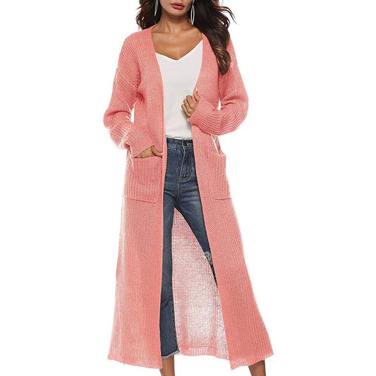 Womens Casual Long Sleeve Split Open Cardigan Knit Long Cardigan Sweaters with Pockets