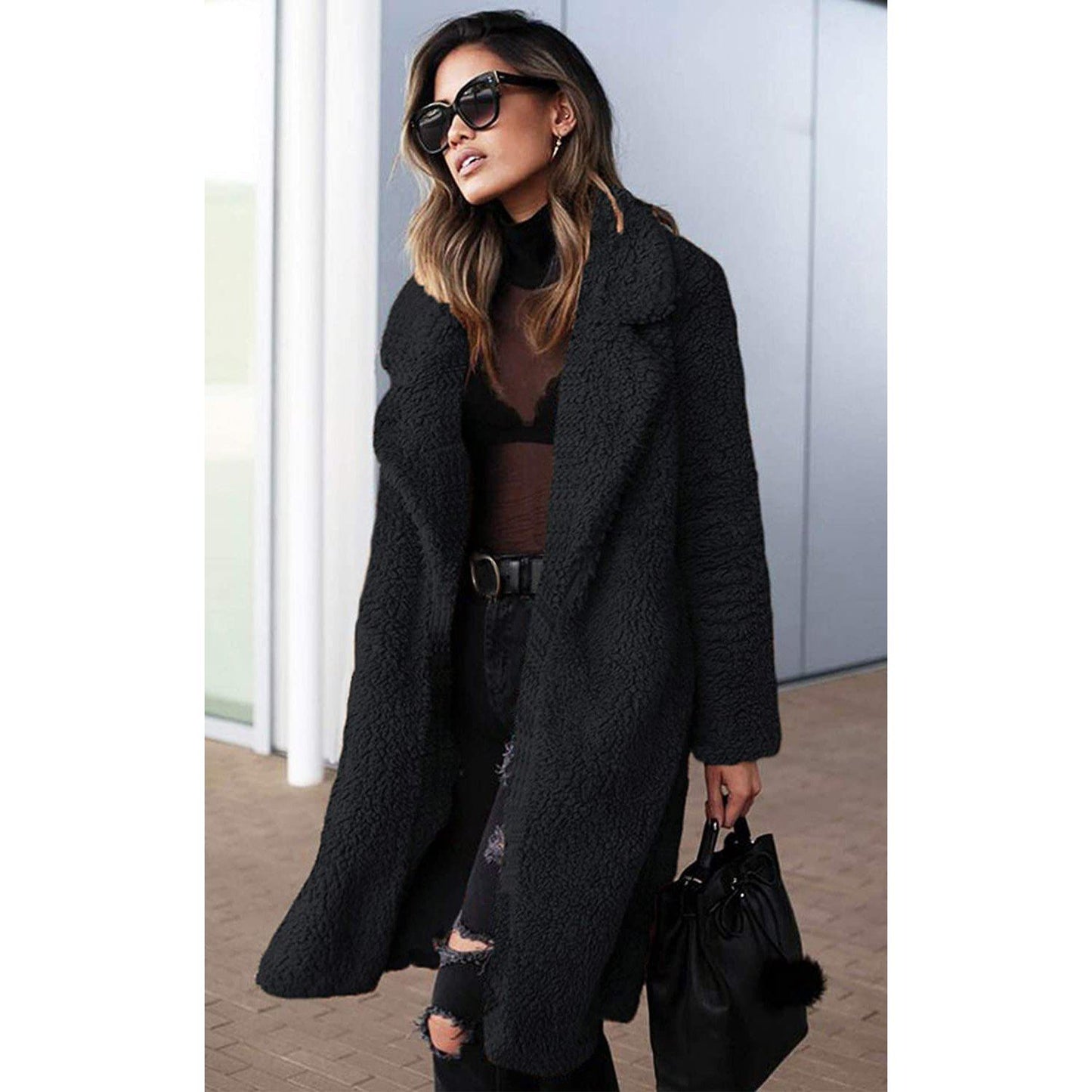 Women's Fuzzy Fleece Lapel Open Front Long Cardigan Coat
