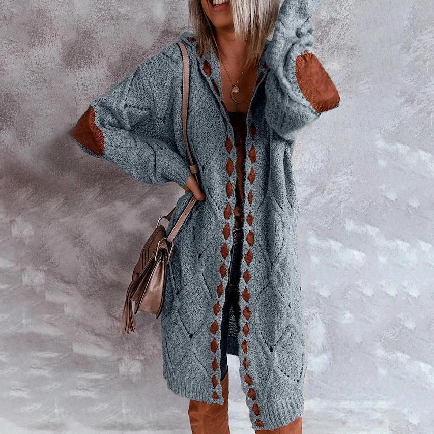 Women's Knitted Color Block Hooded Cardigan Sweater