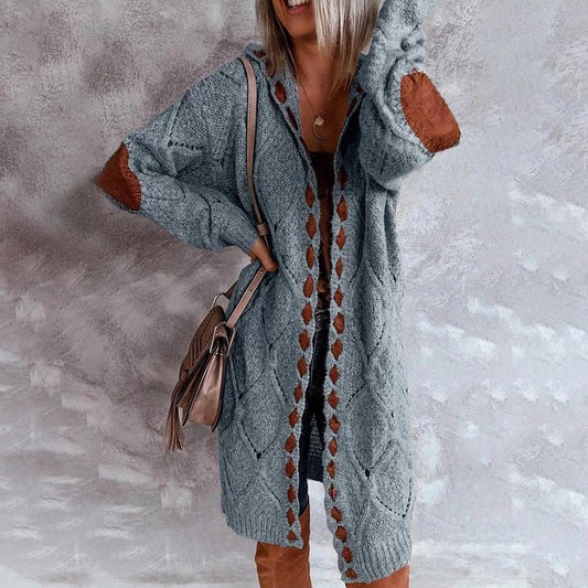 Women's Knitted Color Block Hooded Cardigan Sweater