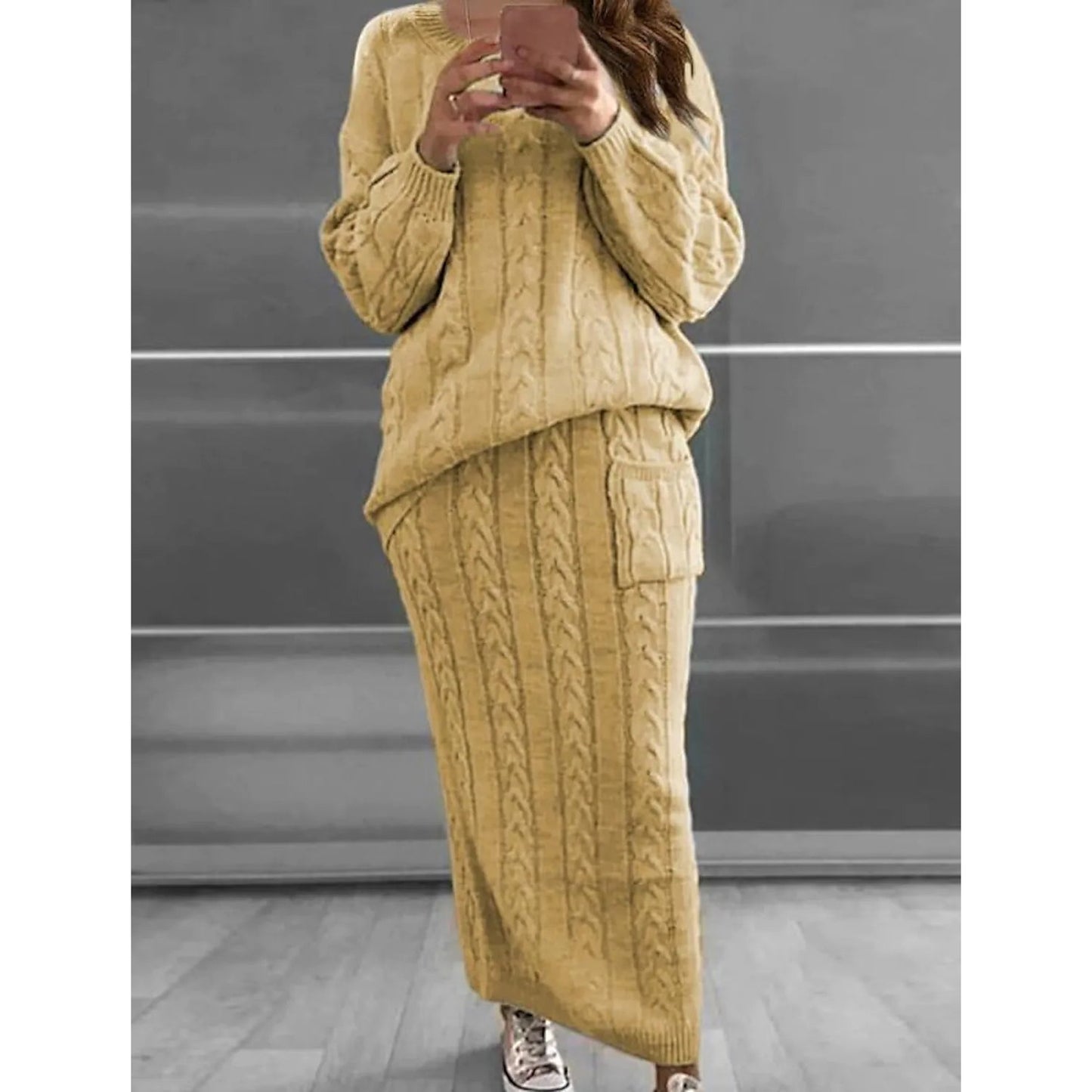 Women's Pocket Knitted Patchwork Solid Casual Long Sleeve Loose Sweater