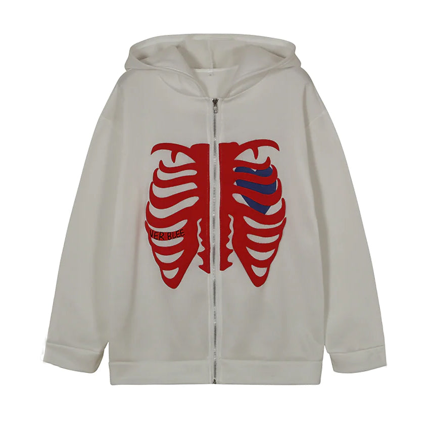Women's Zip Up Skeleton Letter Hoodie Sweatshirt